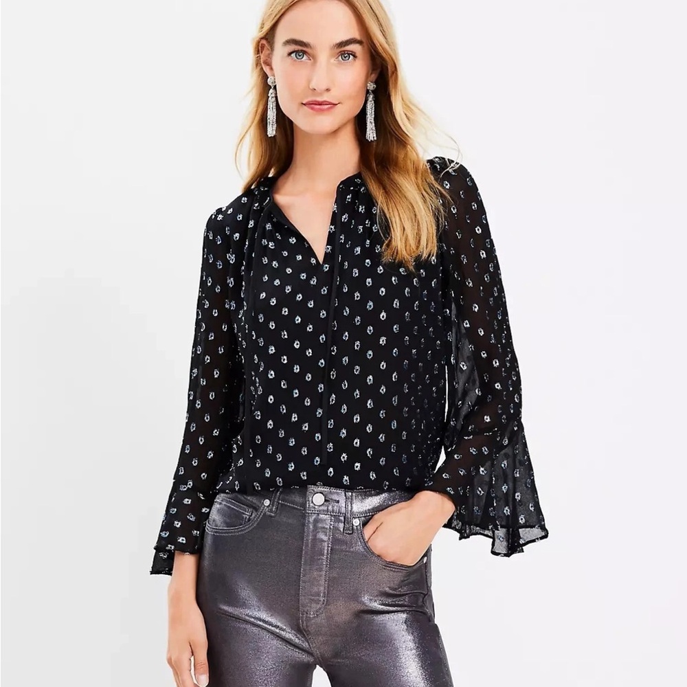 LOFT Black & Silver Metallic Clip Ruffle Tie Neck Bell Sleeve Blouse